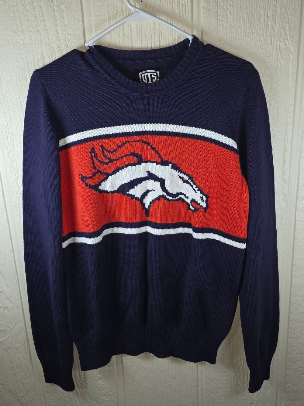 Men's OTS Denver Broncos Knitted Sweater in Navy and Orange, Size Small
